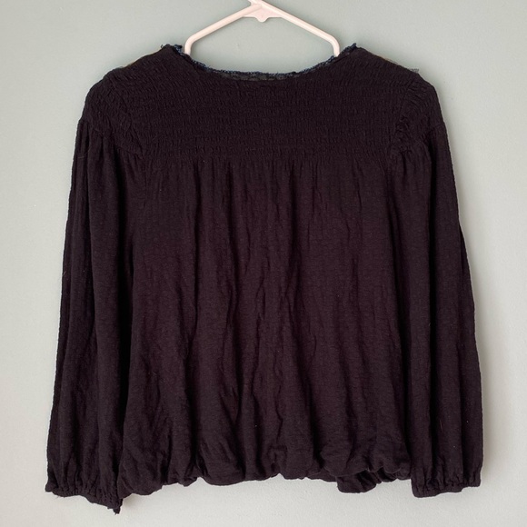 Free People Black Gold Embroidered Peasant Flowy Hippie Boho Baloon Sleeve Shirt - Picture 3 of 12